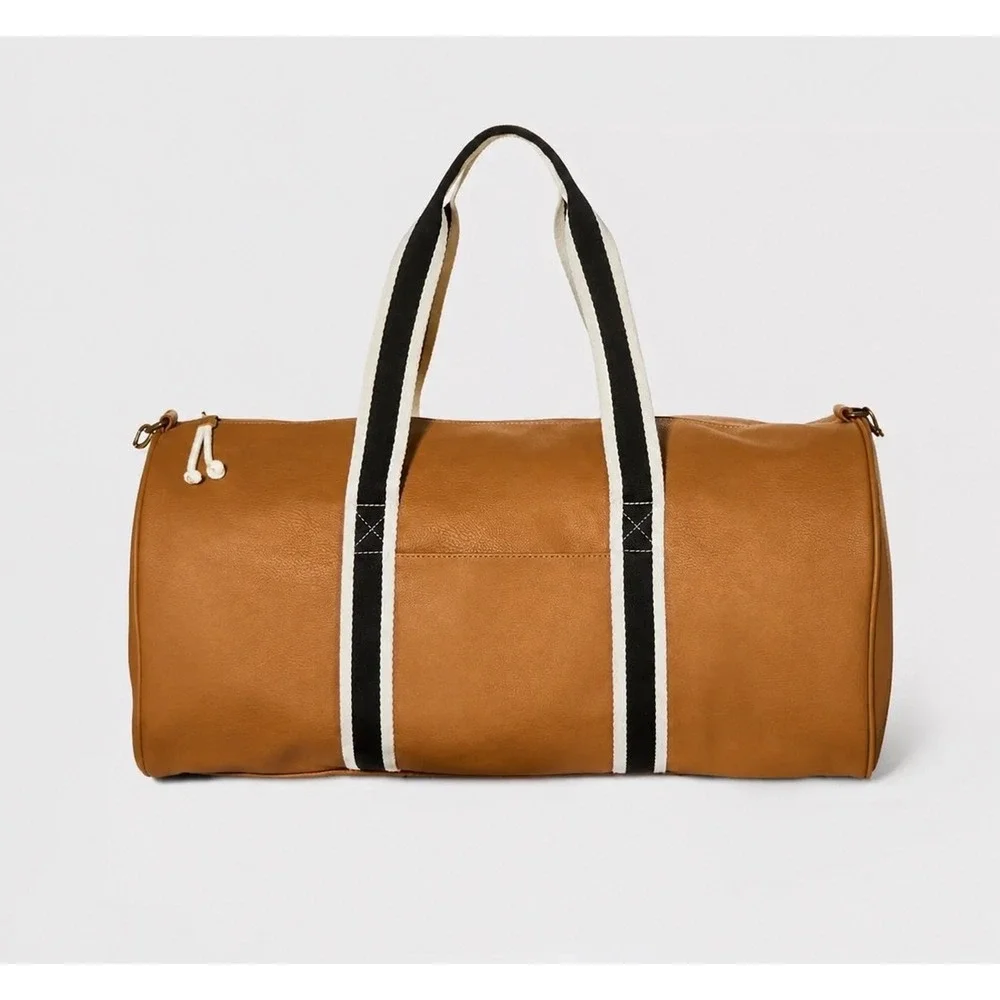 Tan Faux Leather Duffle Bag Striped Webbing Handles Weekend Travel Gym Bag